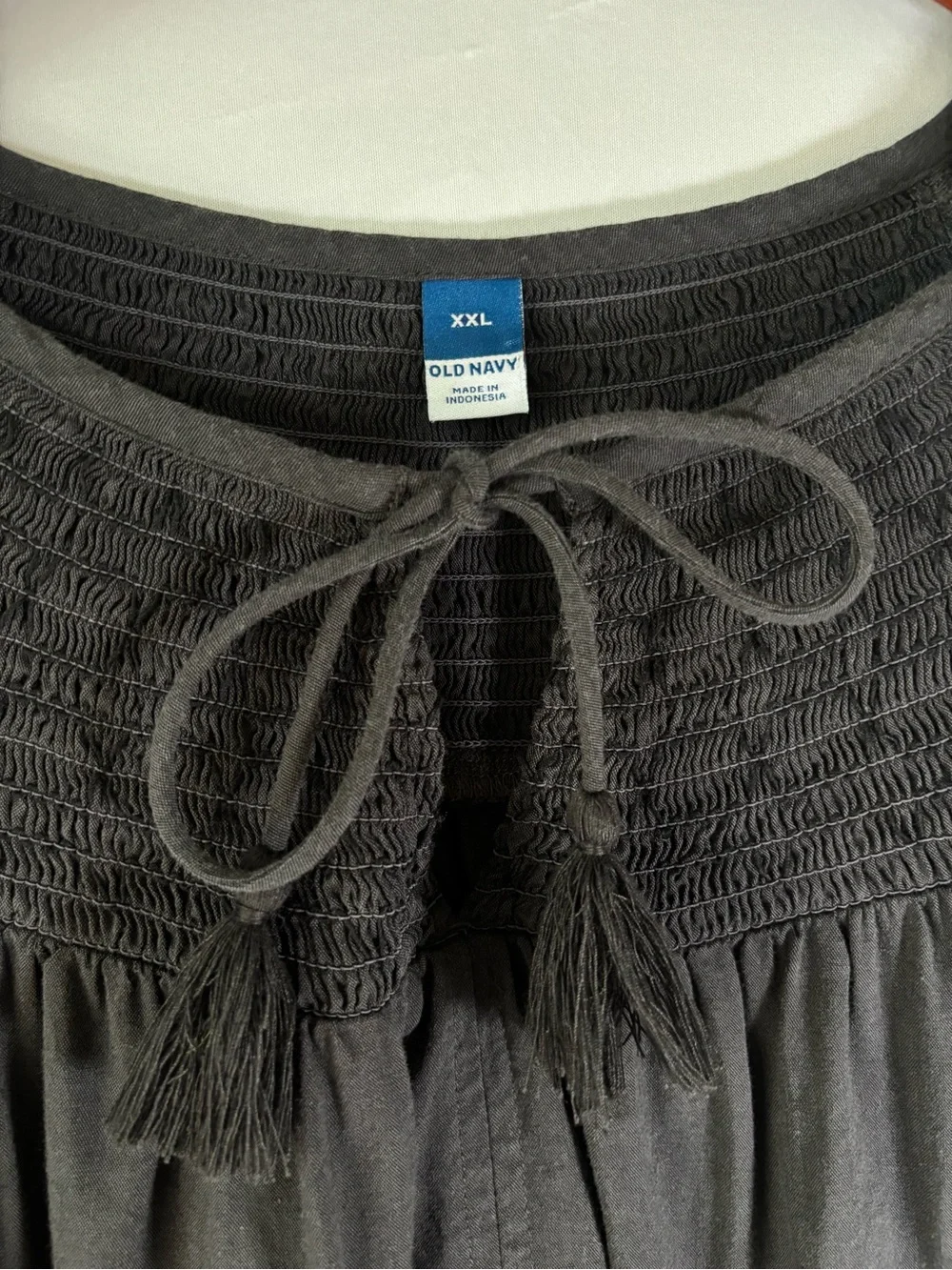 Old Navy Smocked Peasant Blouse XXL Gray Tassel Tie Boho Cotton Blend Top